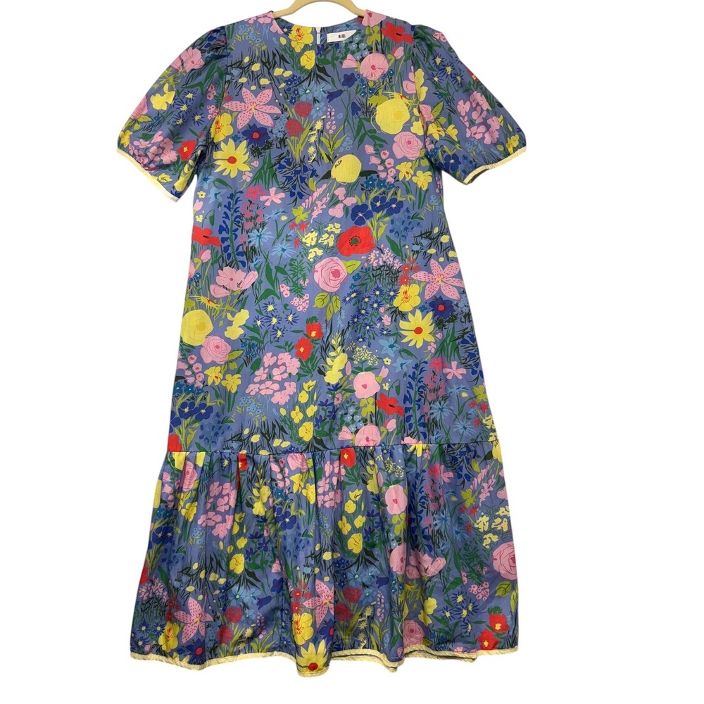 Mimi Floral Midi Dress Blue Multi Puff Sleeve Tiered Ruffle Pockets L‎
